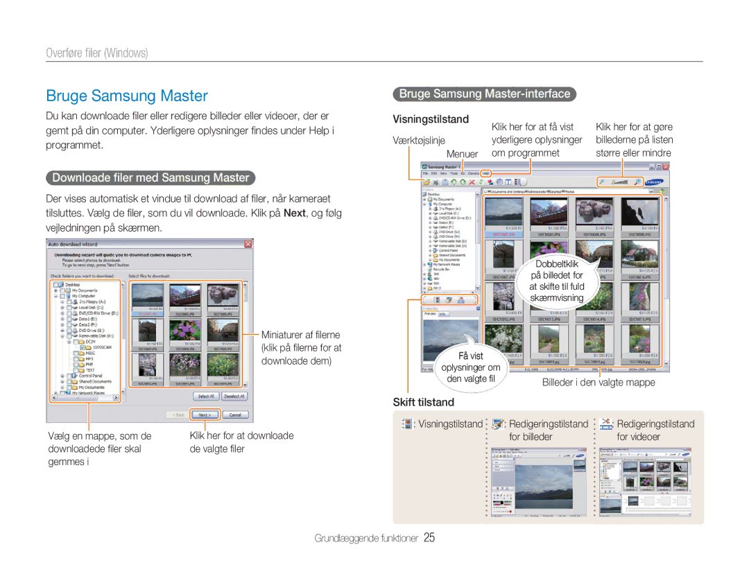 Samsung EC-NV9ZZSBA/E2, EC-NV9ZZBBA/E1 manual Downloade ﬁler med Samsung Master, Bruge Samsung Master-interface 