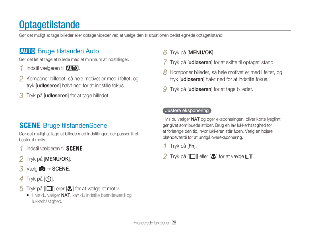 Samsung EC-NV9ZZBBA/E2, EC-NV9ZZBBA/E1, EC-NV9ZZSBA/E2 manual Optagetilstande, Bruge tilstanden Auto, Bruge tilstandenScene 