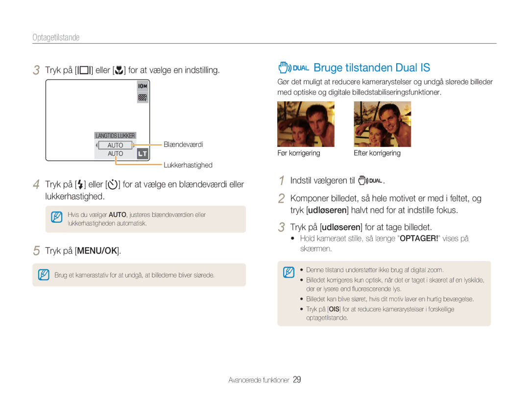 Samsung EC-NV9ZZSBA/E2 manual Bruge tilstanden Dual is, Optagetilstande, Tryk på w eller r for at vælge en indstilling 