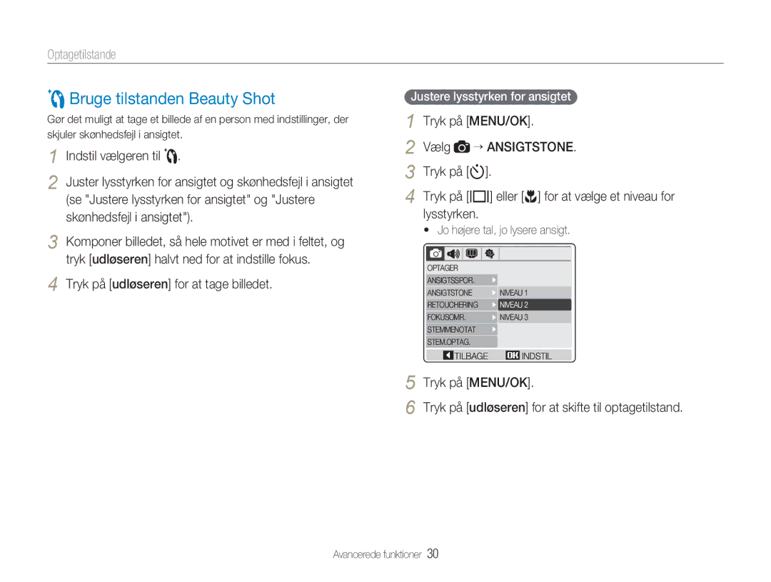 Samsung EC-NV9ZZPBA/E2, EC-NV9ZZBBA/E1, EC-NV9ZZBBA/E2 manual Bruge tilstanden Beauty Shot, Jo højere tal, jo lysere ansigt 