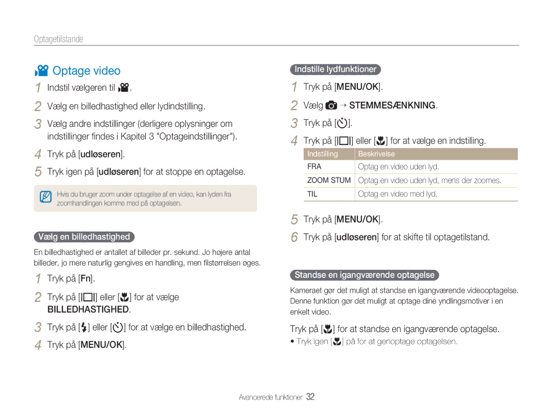 Samsung EC-NV9ZZBBA/E2 manual Optage video, Vælg “ Stemmesænkning, Tryk på t Tryk på w eller r for at vælge en indstilling 