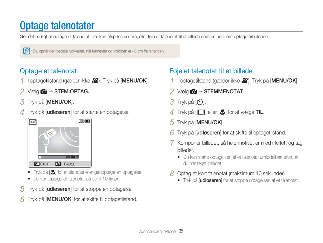 Samsung EC-NV9ZZBBA/E1, EC-NV9ZZBBA/E2 manual Optage talenotater, Optage et talenotat, Føje et talenotat til et billede 