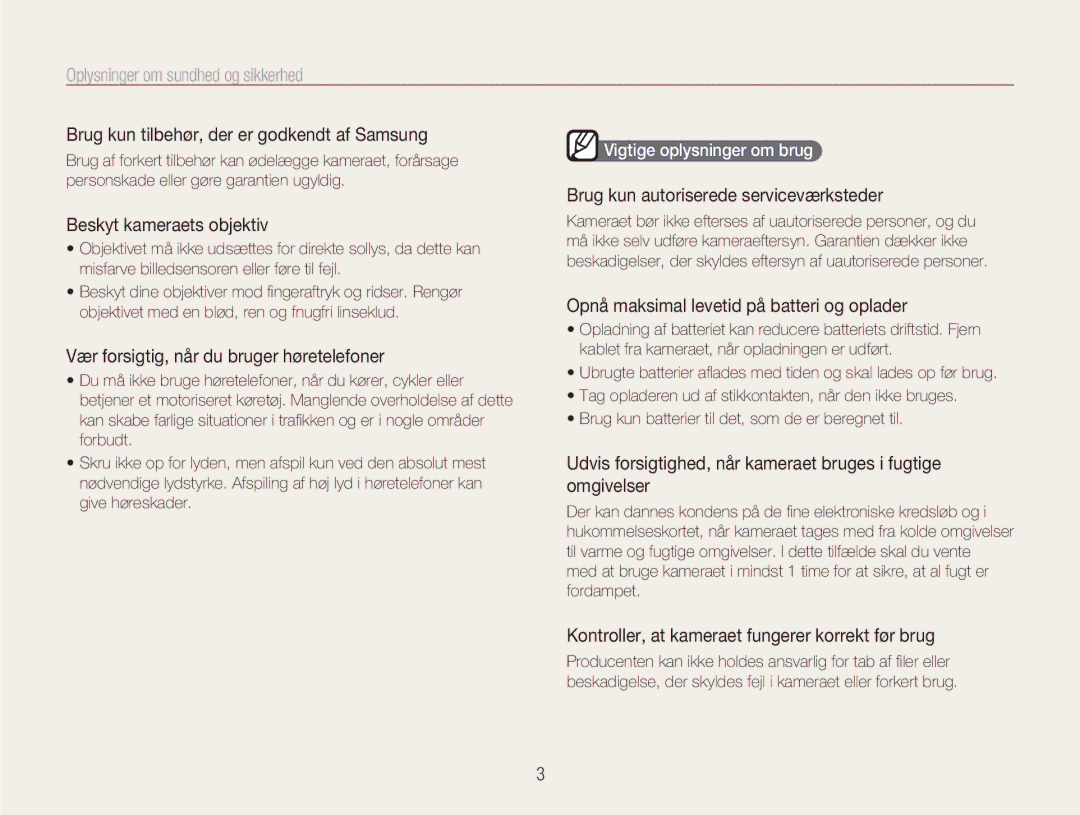 Samsung EC-NV9ZZBBA/E1 manual Brug kun tilbehør, der er godkendt af Samsung, Vær forsigtig, når du bruger høretelefoner 