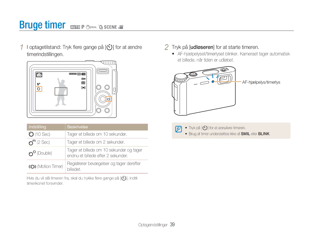 Samsung EC-NV9ZZBBA/E1 manual Bruge timer 2 1 7 5 4, AF-hjælpelys/timerlys, Endnu et billede efter 2 sekunder, Billedet 