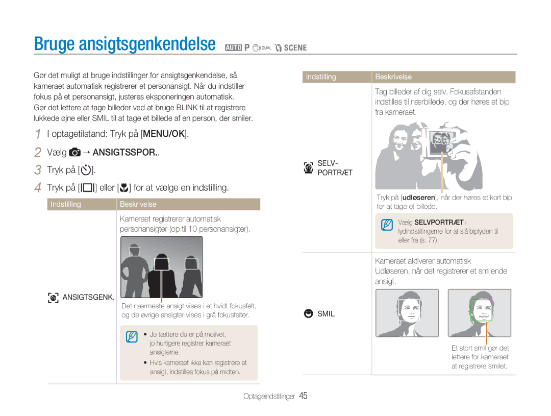 Samsung EC-NV9ZZSBA/E2, EC-NV9ZZBBA/E1 Bruge ansigtsgenkendelse 2 1 7 5, Fra kameraet, Selv Portræt, Ansigtsgenk, Smil 