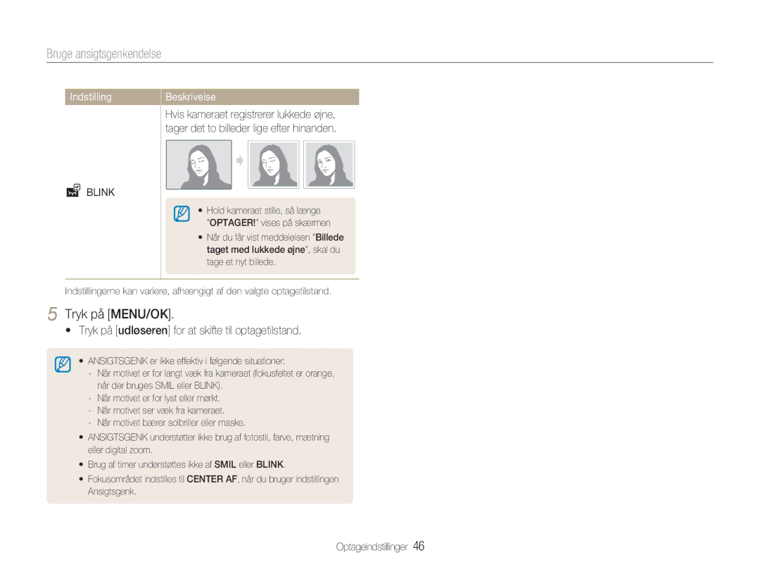 Samsung EC-NV9ZZPBA/E2, EC-NV9ZZBBA/E1, EC-NV9ZZBBA/E2, EC-NV9ZZSBA/E2 manual Bruge ansigtsgenkendelse, Blink 