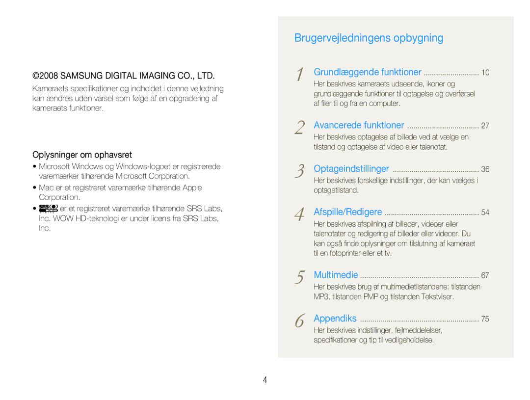 Samsung EC-NV9ZZBBA/E2, EC-NV9ZZBBA/E1, EC-NV9ZZSBA/E2, EC-NV9ZZPBA/E2 manual Brugervejledningens opbygning 