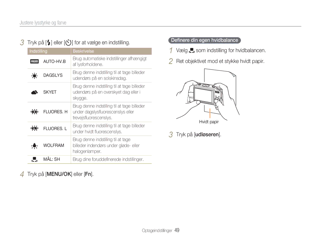 Samsung EC-NV9ZZSBA/E2, EC-NV9ZZBBA/E1, EC-NV9ZZBBA/E2 manual Deﬁnere din egen hvidbalance, Auto-Hv.B, Dagslys, Mål Sh 