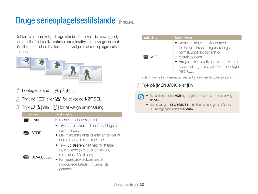 Samsung EC-NV9ZZPBA/E2, EC-NV9ZZBBA/E1, EC-NV9ZZBBA/E2, EC-NV9ZZSBA/E2 manual Bruge serieoptagelsestilstande 1, Enkel, Serie 