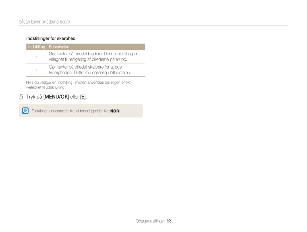 Samsung EC-NV9ZZSBA/E2, EC-NV9ZZBBA/E1 manual Indstillinger for skarphed, Velegnet til redigering af billederne på en pc 