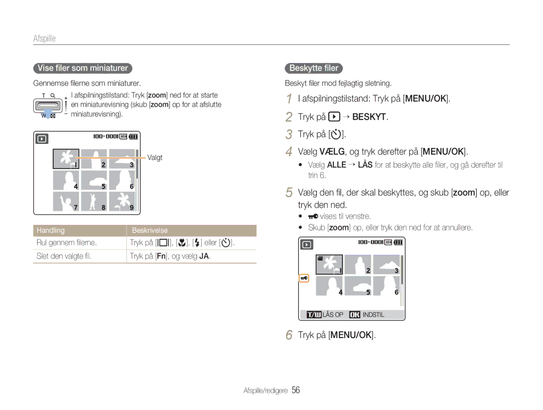 Samsung EC-NV9ZZBBA/E2, EC-NV9ZZBBA/E1 manual Afspille, Afspilningstilstand Tryk på MENU/OK, Tryk på “ Beskyt, Tryk den ned 