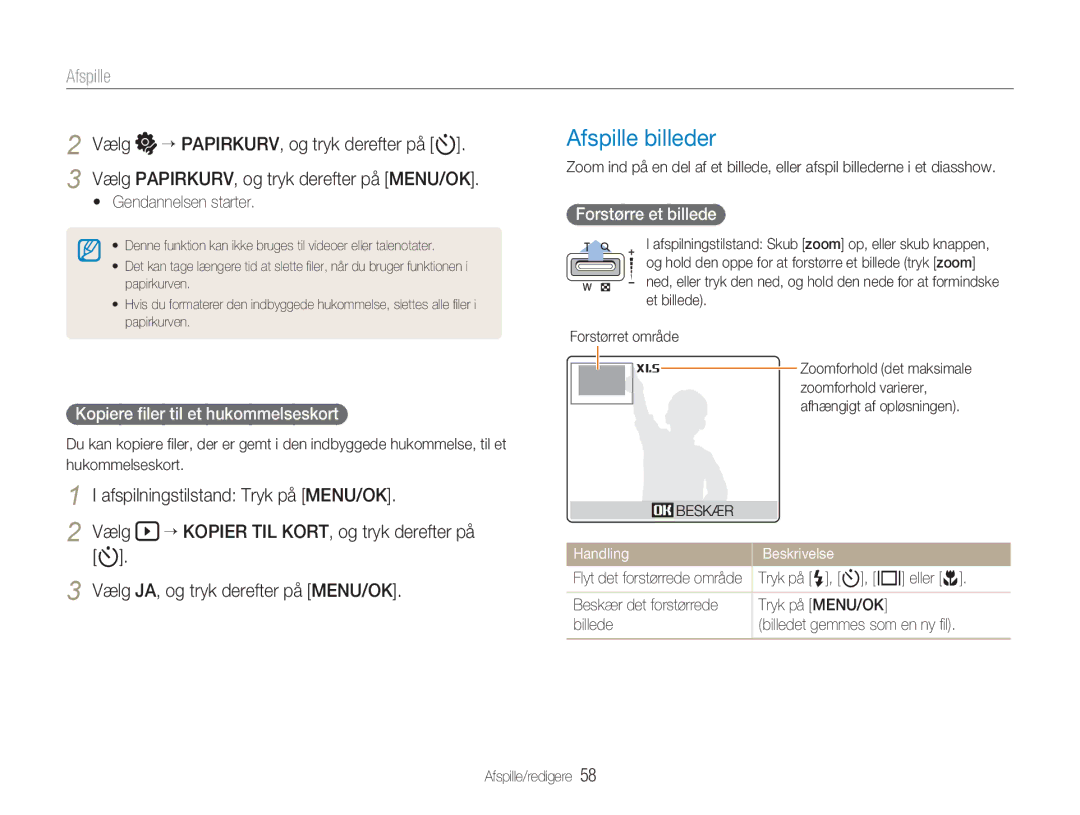 Samsung EC-NV9ZZPBA/E2 manual Afspille billeder, Kopiere ﬁler til et hukommelseskort, Forstørre et billede, Beskær 