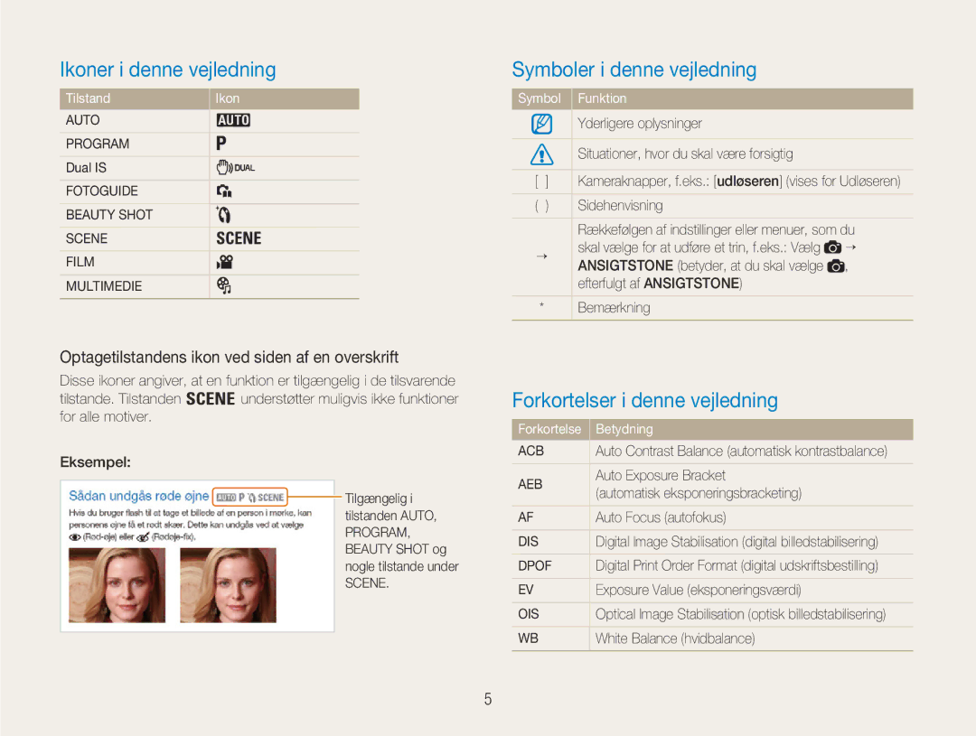 Samsung EC-NV9ZZSBA/E2 manual Ikoner i denne vejledning, Symboler i denne vejledning, Forkortelser i denne vejledning 