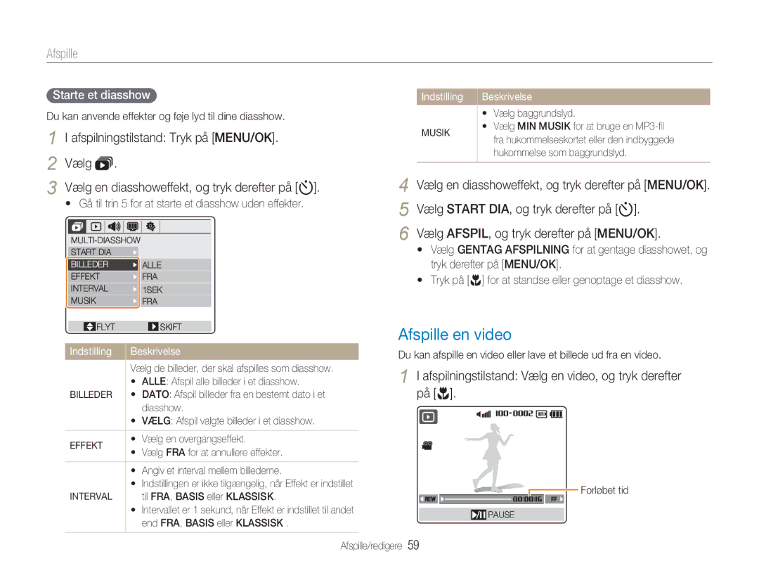 Samsung EC-NV9ZZBBA/E1, EC-NV9ZZBBA/E2, EC-NV9ZZSBA/E2, EC-NV9ZZPBA/E2 manual Afspille en video, På r, Starte et diasshow 