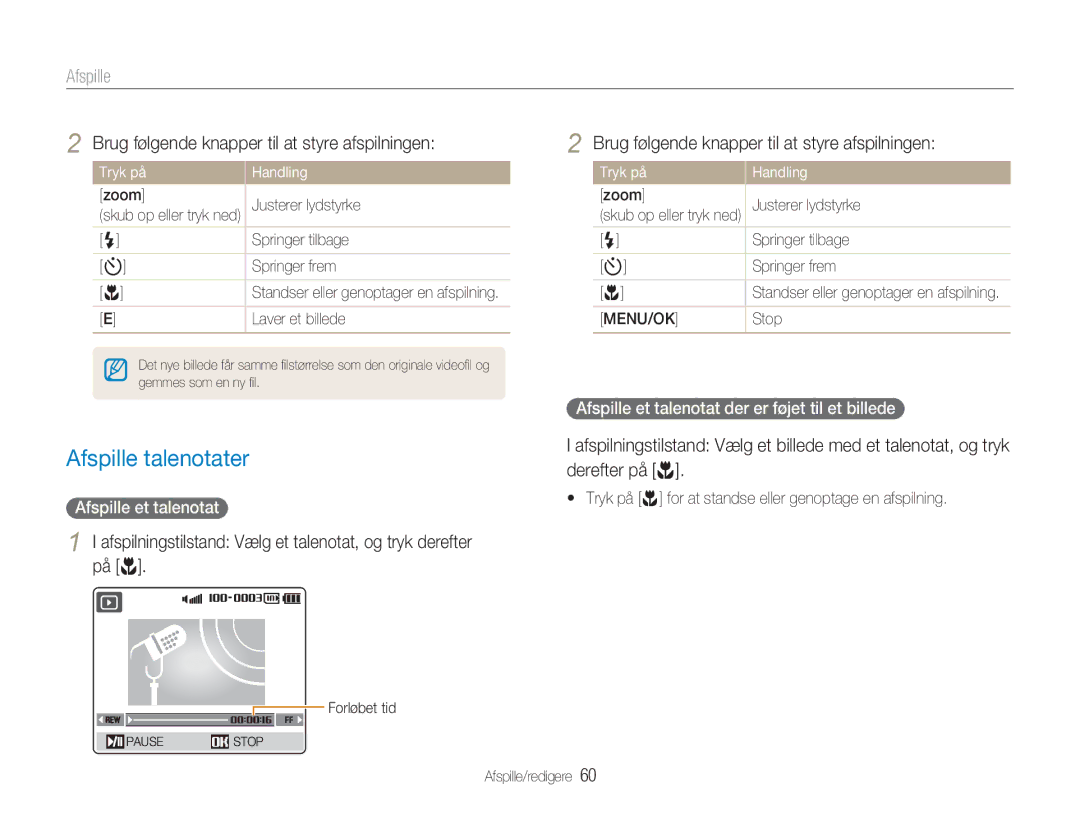 Samsung EC-NV9ZZBBA/E2 manual Afspille talenotater, Brug følgende knapper til at styre afspilningen, Afspille et talenotat 