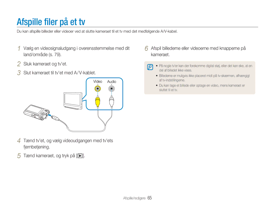 Samsung EC-NV9ZZSBA/E2 Afspille ﬁler på et tv, Afspil billederne eller videoerne med knapperne på kameraet, Video Audio 