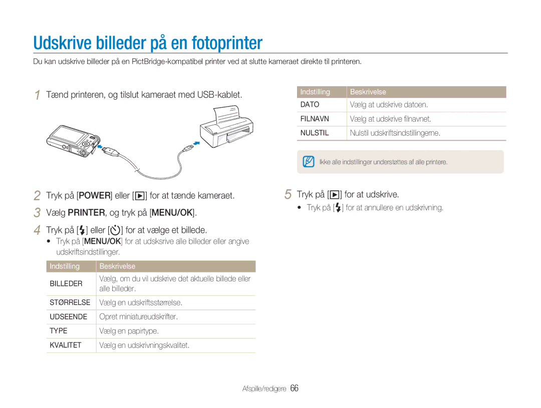 Samsung EC-NV9ZZPBA/E2 manual Udskrive billeder på en fotoprinter, Tænd printeren, og tilslut kameraet med USB-kablet 