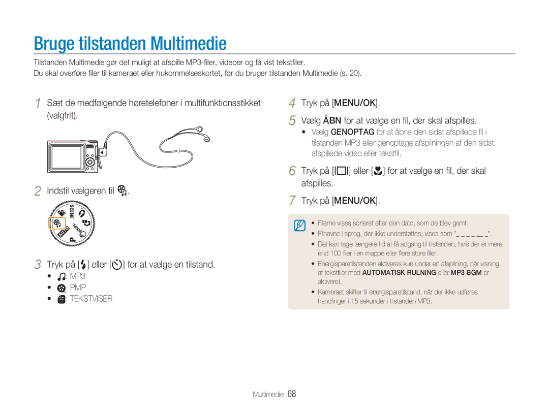 Samsung EC-NV9ZZBBA/E2, EC-NV9ZZBBA/E1, EC-NV9ZZSBA/E2, EC-NV9ZZPBA/E2 manual Bruge tilstanden Multimedie 