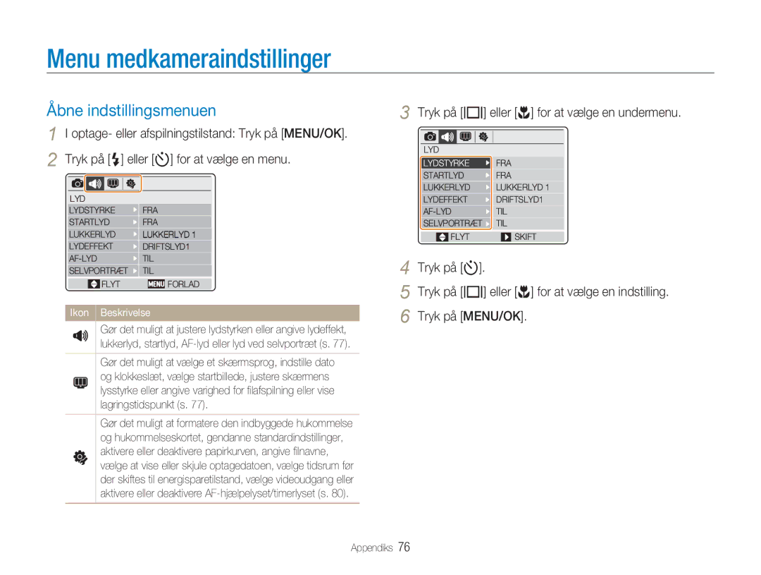 Samsung EC-NV9ZZBBA/E2 Menu medkameraindstillinger, Åbne indstillingsmenuen, Tryk på w eller r for at vælge en undermenu 