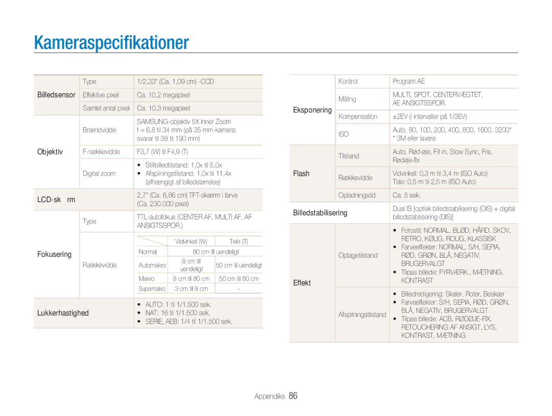 Samsung EC-NV9ZZPBA/E2, EC-NV9ZZBBA/E1, EC-NV9ZZBBA/E2 manual Kameraspeciﬁkationer, Fokusering, Billedstabilisering, Effekt 