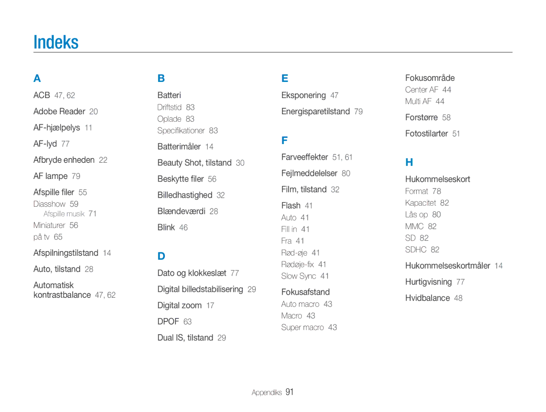 Samsung EC-NV9ZZBBA/E1, EC-NV9ZZBBA/E2, EC-NV9ZZSBA/E2, EC-NV9ZZPBA/E2 manual Indeks, Sdhc 