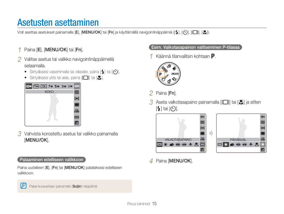 Samsung EC-NV9ZZBBA/E1, EC-NV9ZZBBA/E2, EC-NV9ZZSBA/E2, EC-NV9ZZPBA/E2 manual Asetusten asettaminen 