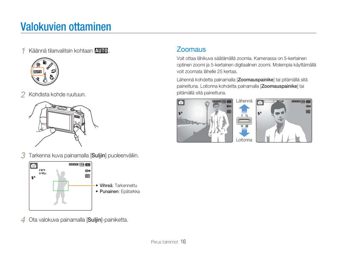 Samsung EC-NV9ZZBBA/E2, EC-NV9ZZBBA/E1 manual Valokuvien ottaminen, Zoomaus, Ota valokuva painamalla Suljin-painiketta 