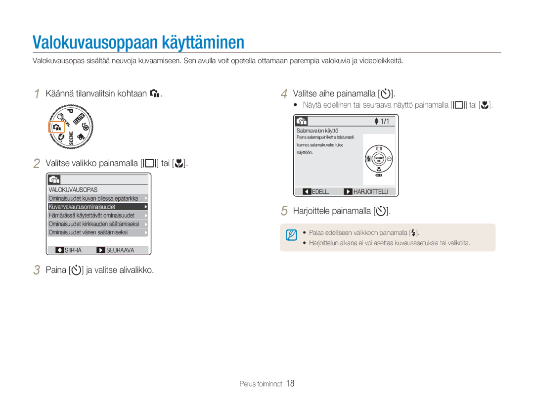 Samsung EC-NV9ZZPBA/E2, EC-NV9ZZBBA/E1 Valokuvausoppaan käyttäminen, Valitse aihe painamalla t, Harjoittele painamalla t 