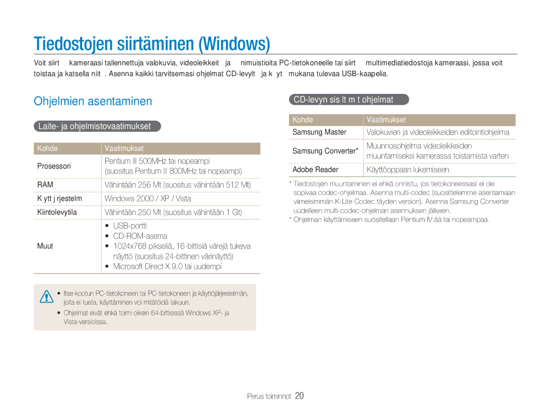 Samsung EC-NV9ZZBBA/E2 manual Tiedostojen siirtäminen Windows, Ohjelmien asentaminen, Laite- ja ohjelmistovaatimukset, Ram 