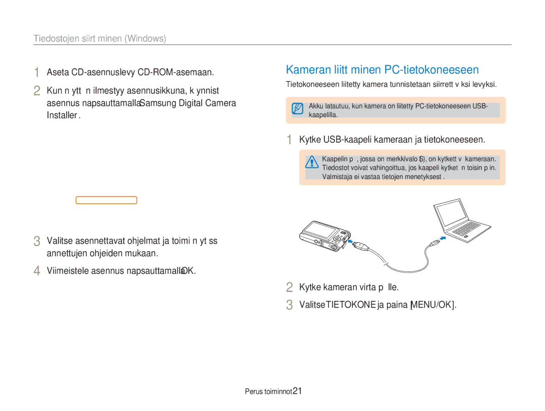 Samsung EC-NV9ZZSBA/E2, EC-NV9ZZBBA/E1 manual Kameran liittäminen PC-tietokoneeseen, Tiedostojen siirtäminen Windows 