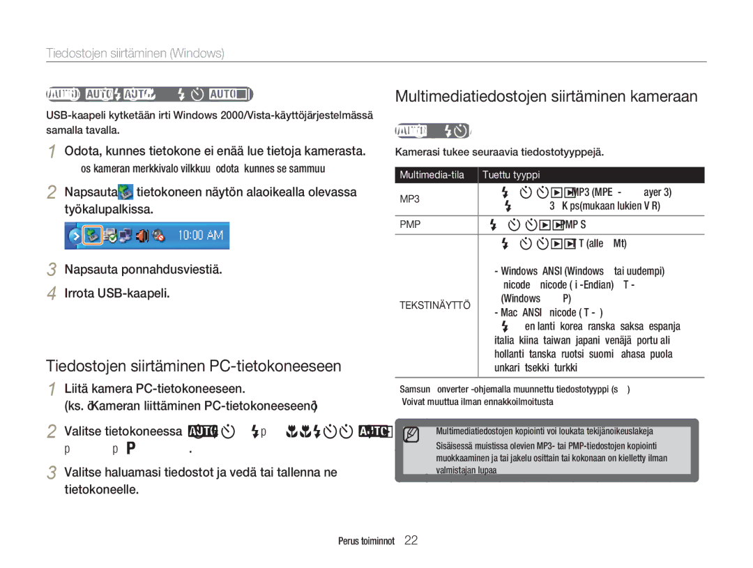 Samsung EC-NV9ZZPBA/E2 Tiedostojen siirtäminen PC-tietokoneeseen, Multimediatiedostojen siirtäminen kameraan, Vaatimukset 