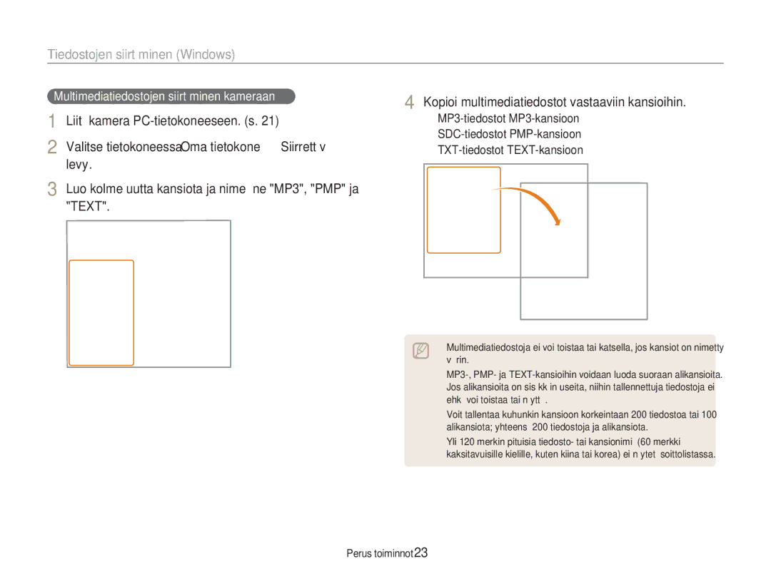 Samsung EC-NV9ZZBBA/E1, EC-NV9ZZBBA/E2, EC-NV9ZZSBA/E2, EC-NV9ZZPBA/E2 manual Multimediatiedostojen siirtäminen kameraan 