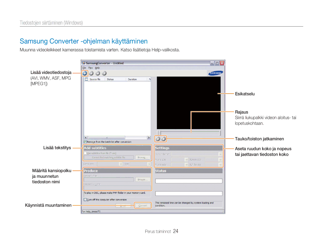 Samsung EC-NV9ZZBBA/E2, EC-NV9ZZBBA/E1, EC-NV9ZZSBA/E2, EC-NV9ZZPBA/E2 manual Samsung Converter -ohjelman käyttäminen 