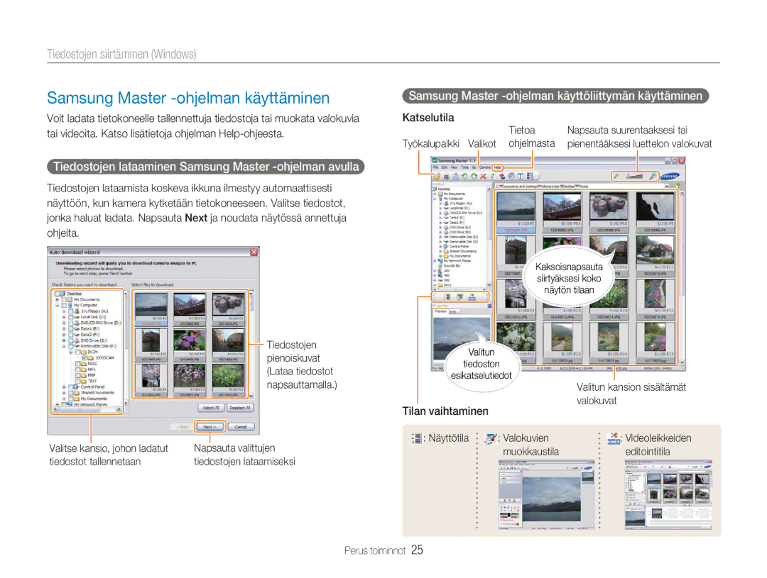 Samsung EC-NV9ZZSBA/E2 manual Samsung Master -ohjelman käyttäminen, Tiedostojen lataaminen Samsung Master -ohjelman avulla 