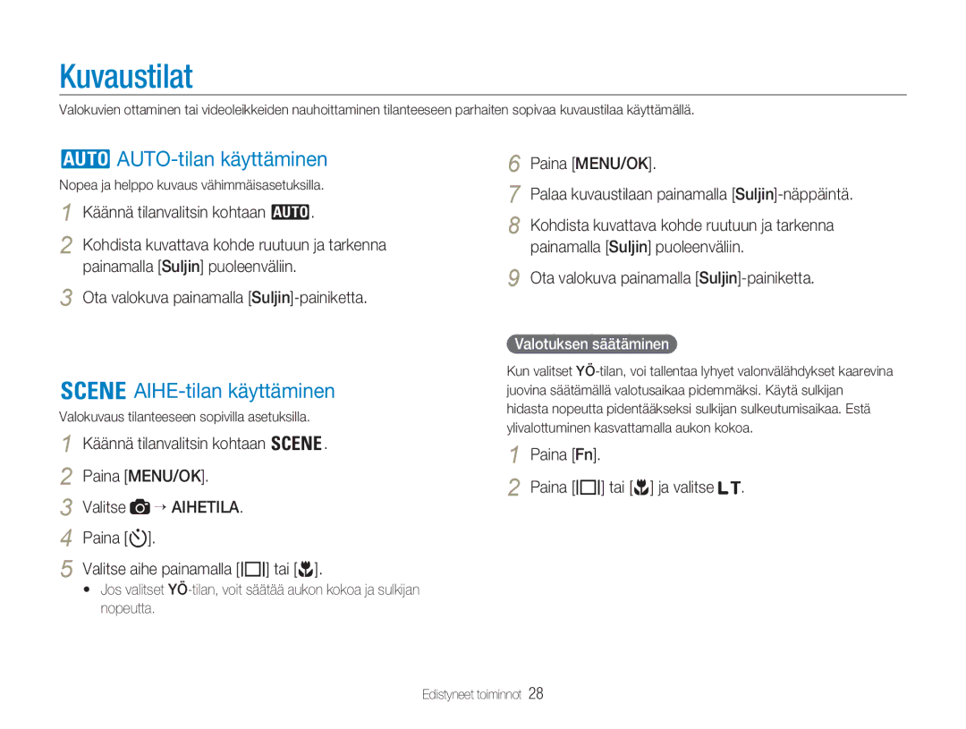 Samsung EC-NV9ZZBBA/E2, EC-NV9ZZBBA/E1, EC-NV9ZZSBA/E2 manual Kuvaustilat, AUTO-tilan käyttäminen, AIHE-tilan käyttäminen 