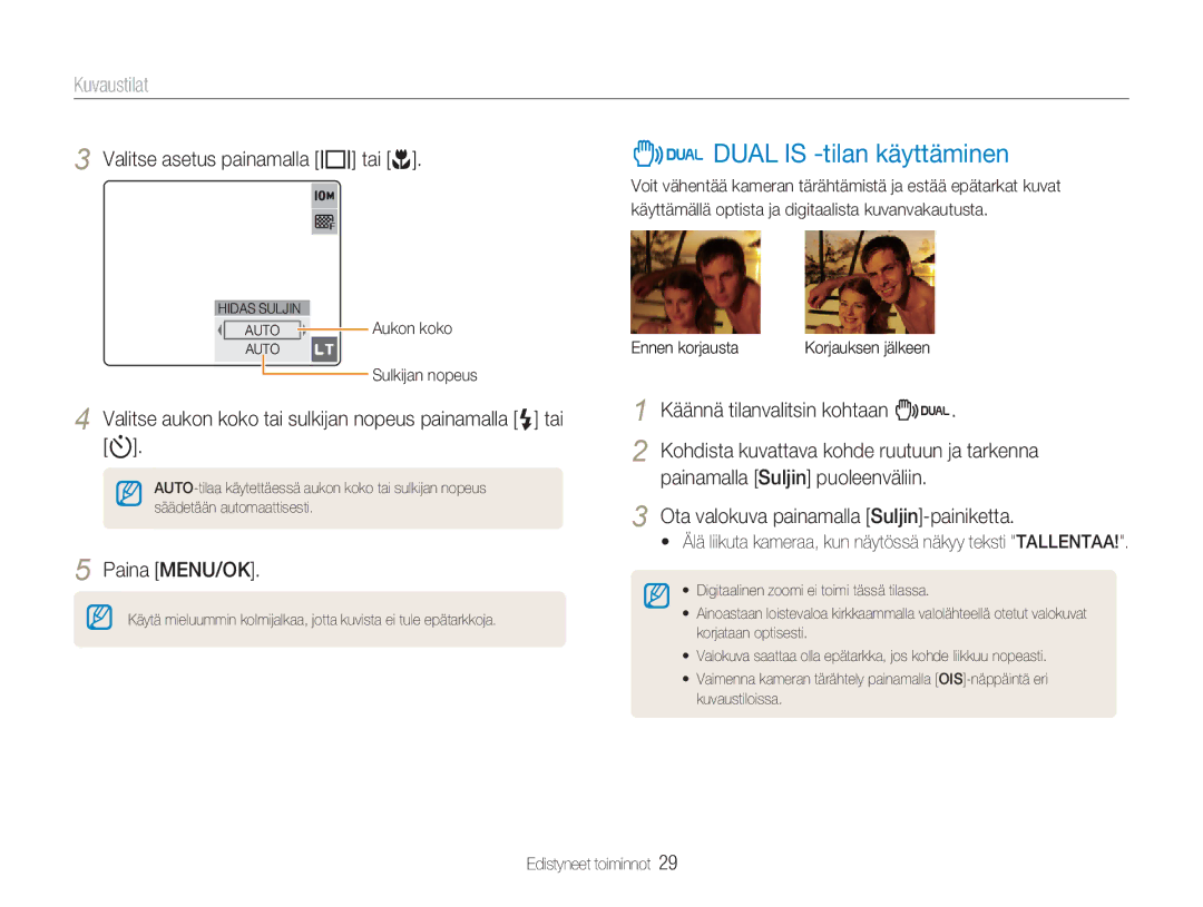 Samsung EC-NV9ZZSBA/E2, EC-NV9ZZBBA/E1 manual Dual is -tilan käyttäminen, Kuvaustilat, Valitse asetus painamalla w tai r 