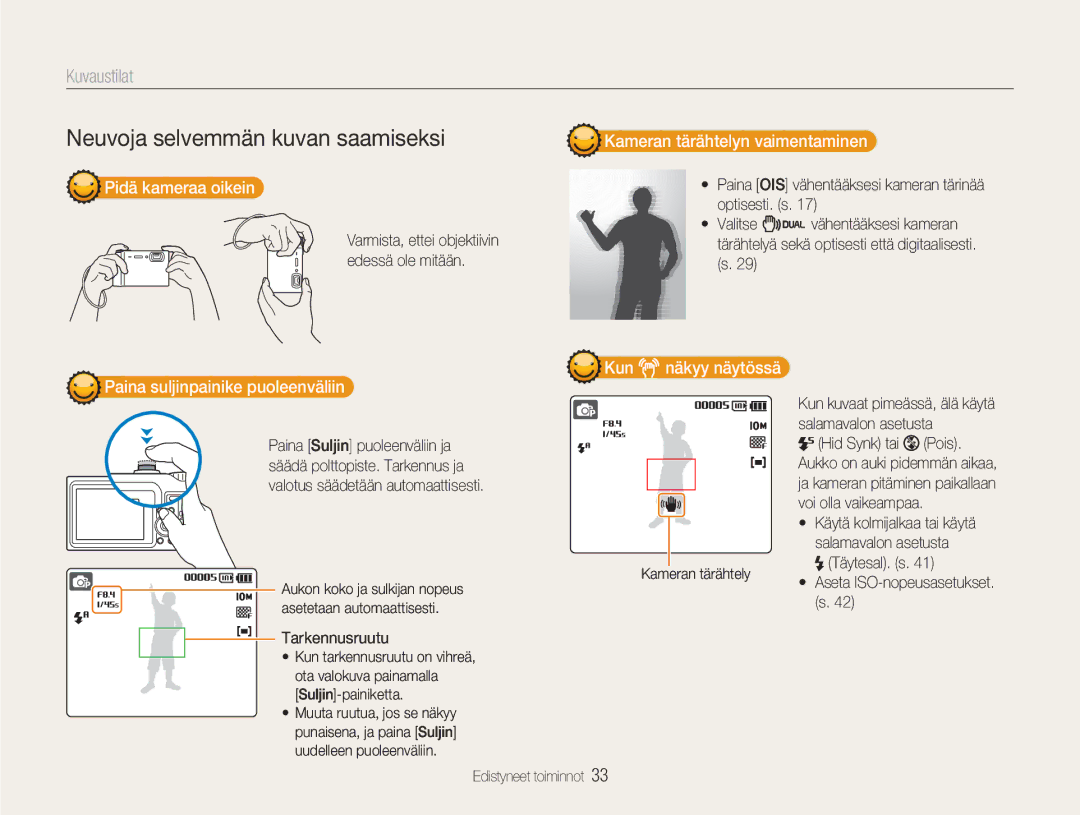 Samsung EC-NV9ZZSBA/E2 manual Pidä kameraa oikein, Kameran tärähtelyn vaimentaminen, Paina suljinpainike puoleenväliin 