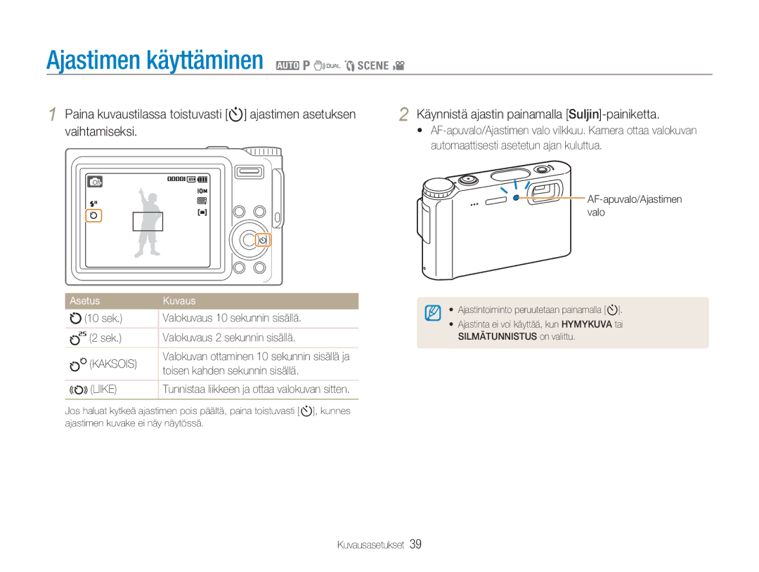 Samsung EC-NV9ZZBBA/E1 manual Ajastimen käyttäminen 2 1 7 5 4, Valo, Kaksois, Toisen kahden sekunnin sisällä, Liike 