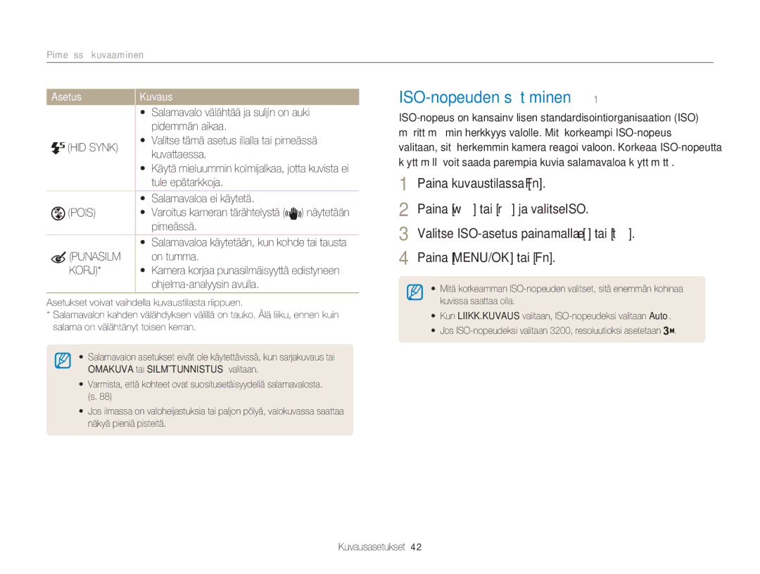 Samsung EC-NV9ZZPBA/E2, EC-NV9ZZBBA/E1 manual ISO-nopeuden säätäminen, Pimeässä kuvaaminen, HID Synk, Punasilm, Korj 