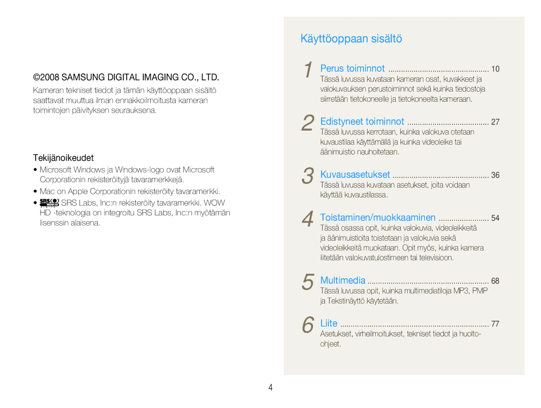 Samsung EC-NV9ZZBBA/E2, EC-NV9ZZBBA/E1, EC-NV9ZZSBA/E2, EC-NV9ZZPBA/E2 manual Käyttöoppaan sisältö 