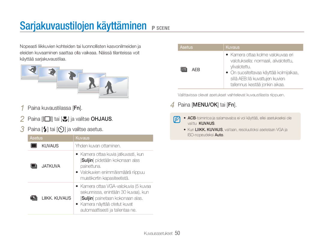 Samsung EC-NV9ZZPBA/E2 Sarjakuvaustilojen käyttäminen 1, Paina w tai r ja valitse Ohjaus, Paina e tai t ja valitse asetus 