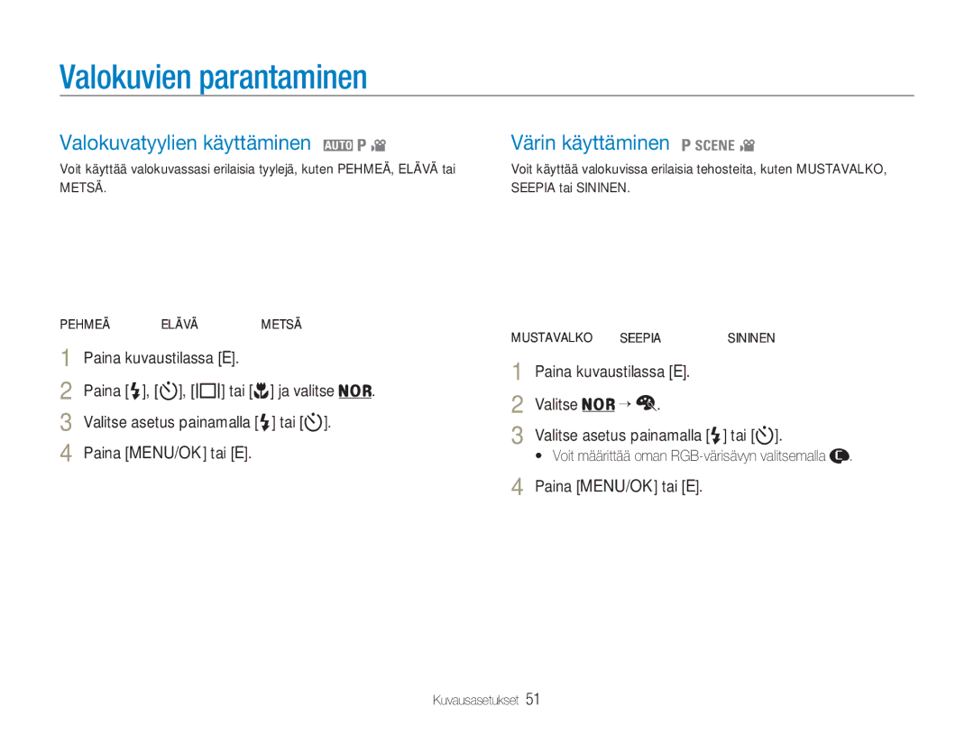 Samsung EC-NV9ZZBBA/E1 Valokuvien parantaminen, Valokuvatyylien käyttäminen 2 1 Värin käyttäminen 1 4, Paina MENU/OK tai E 