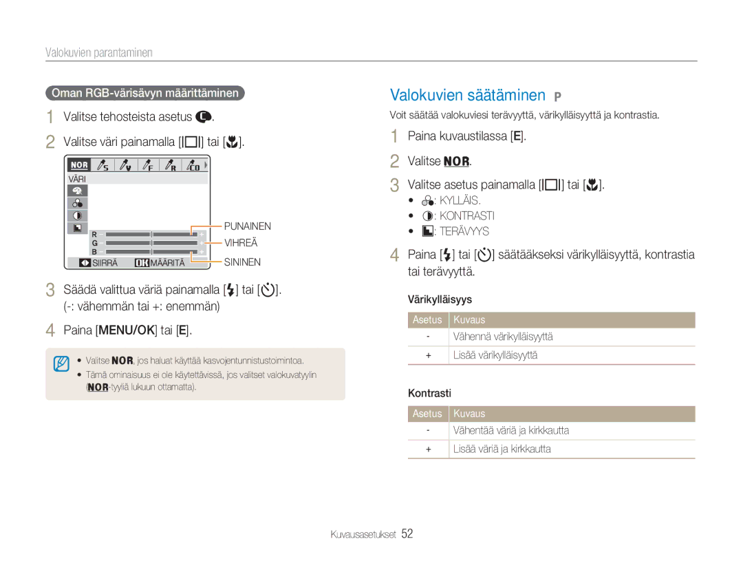 Samsung EC-NV9ZZBBA/E2, EC-NV9ZZBBA/E1 Valokuvien säätäminen, Valokuvien parantaminen, Valitse väri painamalla w tai r 