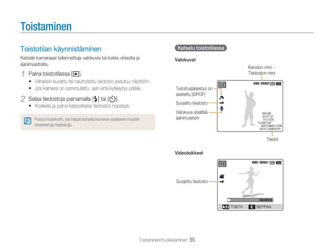 Samsung EC-NV9ZZBBA/E1 Toistaminen, Toistotilan käynnistäminen, Paina toistotilassa y, Selaa tiedostoja painamalla e tai t 