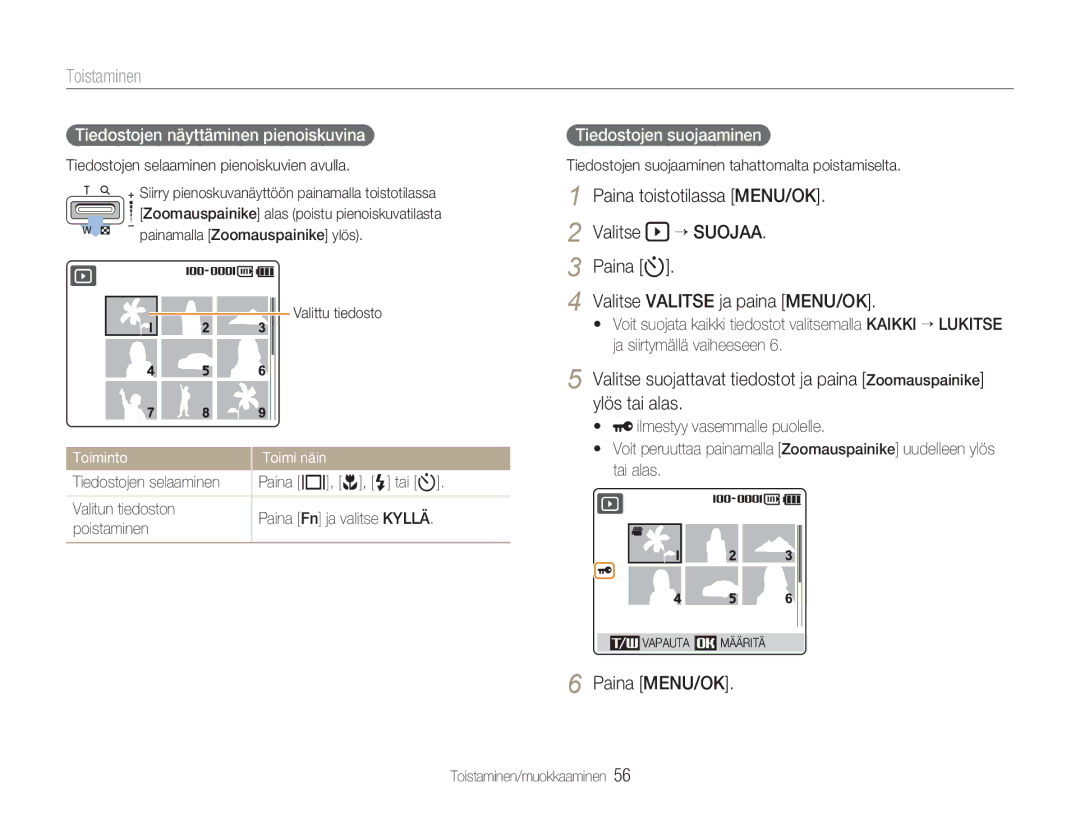 Samsung EC-NV9ZZBBA/E2 manual Toistaminen, Paina toistotilassa MENU/OK, Valitse “ Suojaa, Valitse Valitse ja paina MENU/OK 