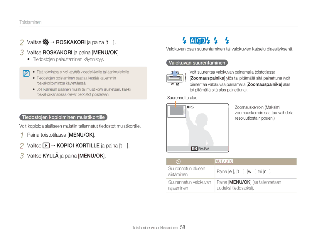 Samsung EC-NV9ZZPBA/E2 manual Valokuvien katseleminen, Tiedostojen kopioiminen muistikortille, Valokuvan suurentaminen 