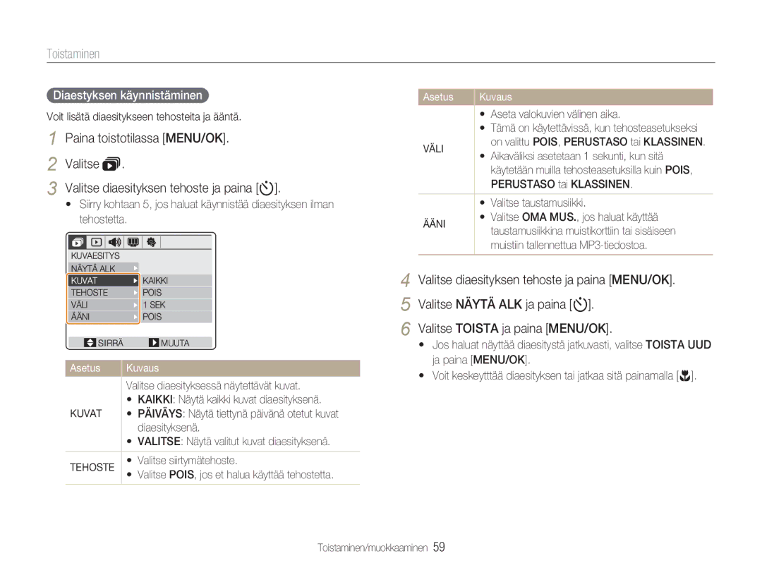 Samsung EC-NV9ZZBBA/E1, EC-NV9ZZBBA/E2, EC-NV9ZZSBA/E2, EC-NV9ZZPBA/E2 manual Diaestyksen käynnistäminen, Väli, Ääni 