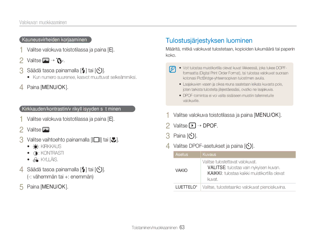 Samsung EC-NV9ZZBBA/E1, EC-NV9ZZBBA/E2 manual Tulostusjärjestyksen luominen, Valitse Säädä tasoa painamalla e tai t 