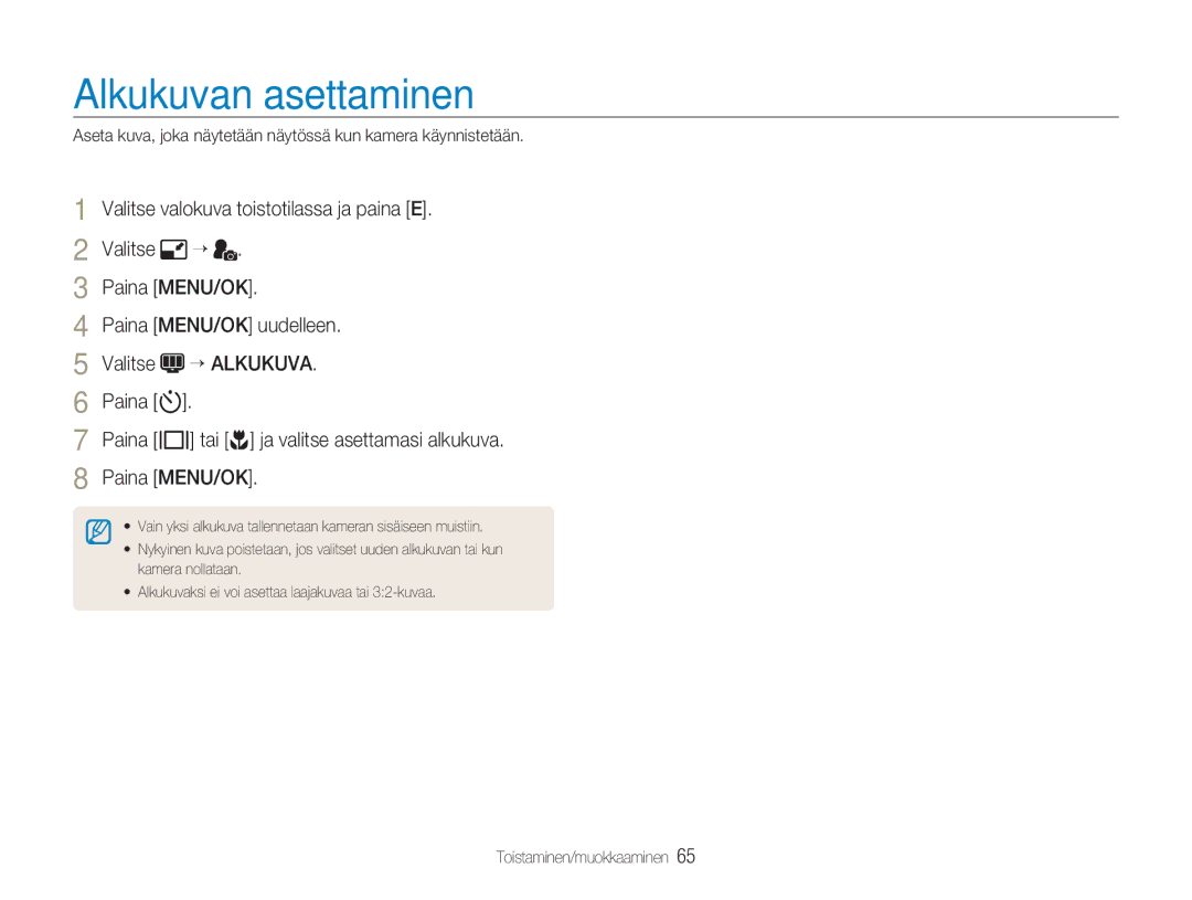 Samsung EC-NV9ZZSBA/E2, EC-NV9ZZBBA/E1, EC-NV9ZZBBA/E2 Alkukuvan asettaminen, Valitse valokuva toistotilassa ja paina E 