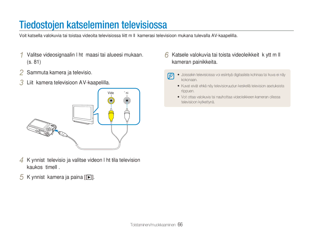 Samsung EC-NV9ZZPBA/E2, EC-NV9ZZBBA/E1, EC-NV9ZZBBA/E2, EC-NV9ZZSBA/E2 manual Tiedostojen katseleminen televisiossa 